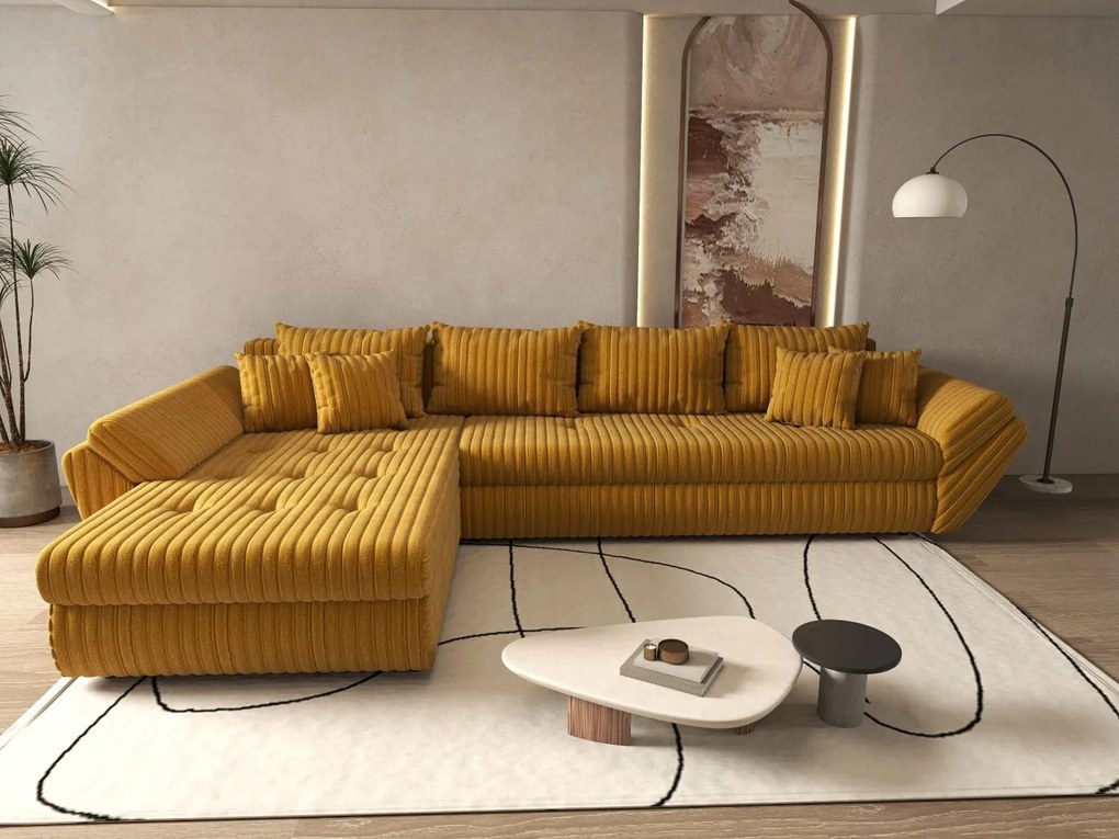 Colțar extensibil dumonde cu ladă de depozitare si sezut confortabil din spuma high-density, Loana XL Ambience Mustar 335x185 cm