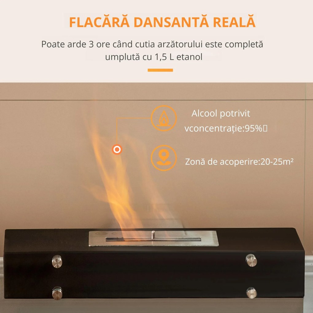 HOMCOM Semineu cu bioetanol, incalzitor din metal si sticla securizata aparat de incalzire cu rezervor de 1,5 l | AOSOM RO