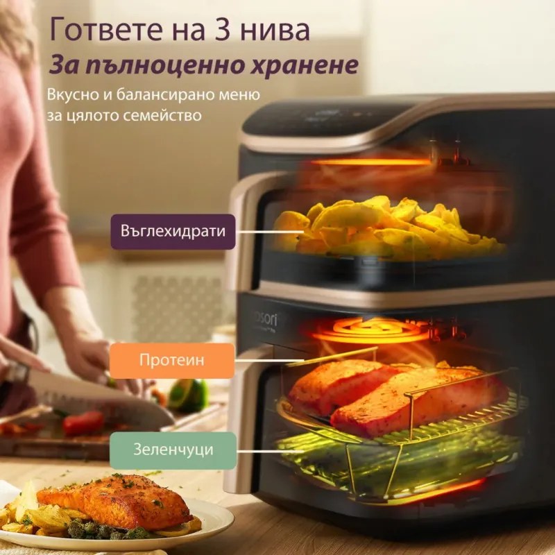 Friteuza dubla Cosori Turbo Tower Pro CAF-DC123S, 2630W, 10.8 L, 30-230°C, 7 programe, Sync, Smart, Negru
