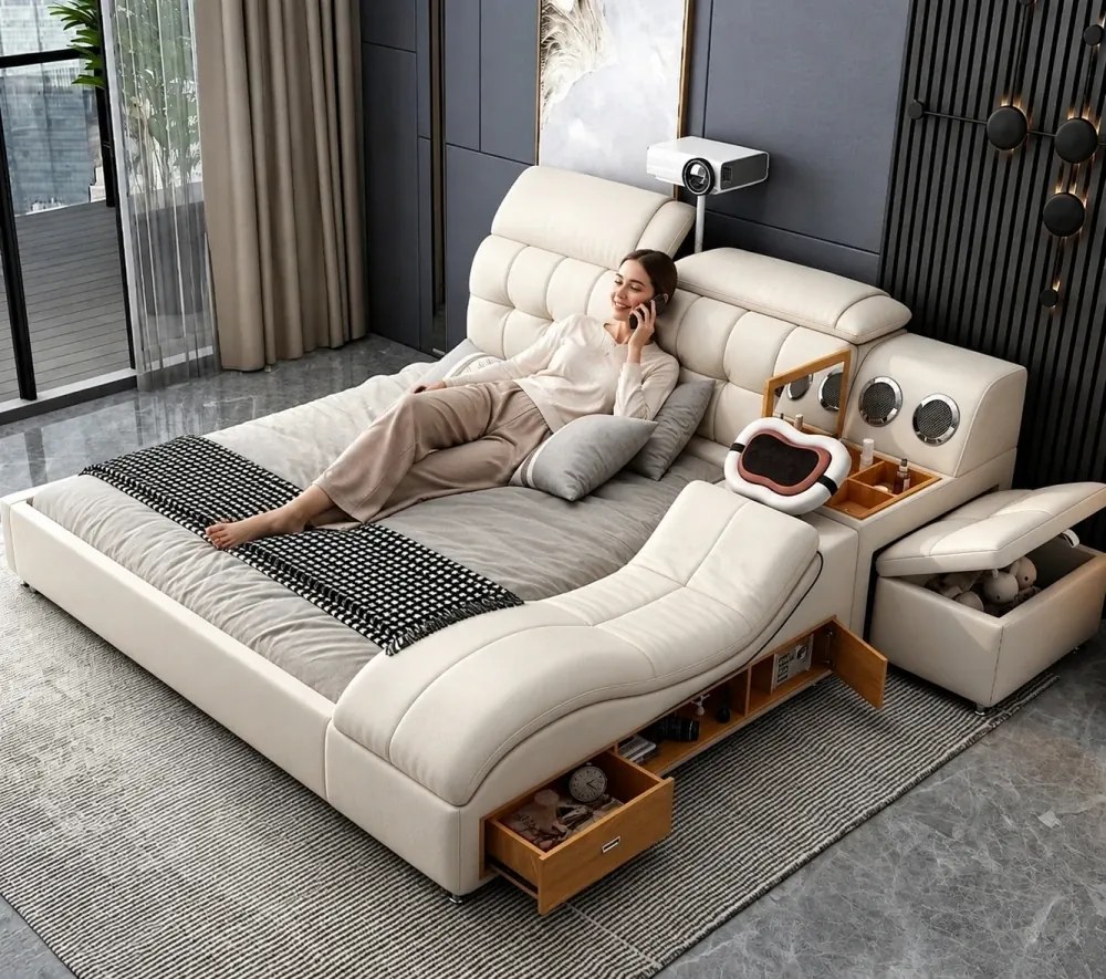 MOBLUX99 Utility 160x200 cm Beige Left Chaise – Pat Inteligent Premium cu Proiector, Vibromasaj, Boxe Bluetooth, Încărcare Wireless și Spații Multiple de Depozitare