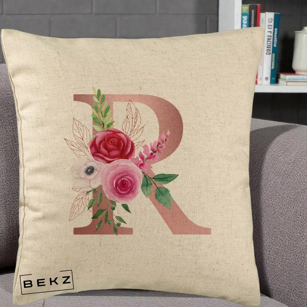 Cadou Personalizat - Perna Personalizata Monograma Rose Gold Litera R, 40x40 cm, Bej, Husa Detasabila, Perna Inclusa, BEKZ®