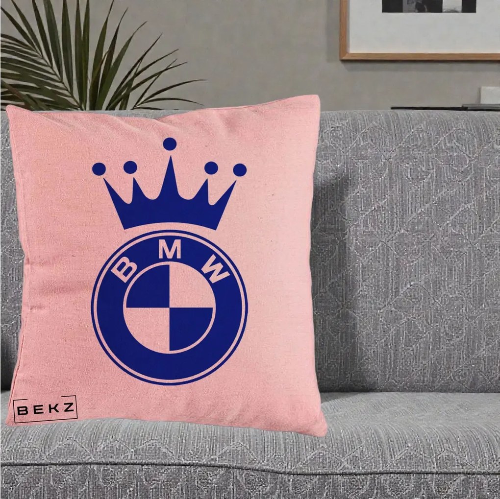 Perna Personalizata cu emblema BMW si Coroana, 40x40 cm, Roz, Husa Detasabila, Perna Inclusa, BEKZ®