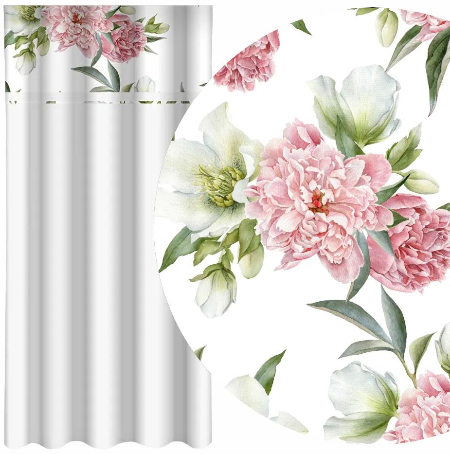 Draperie albă elegantă cu imprimare de bujori roz Lățime: 160 cm | Lungime: 250 cm