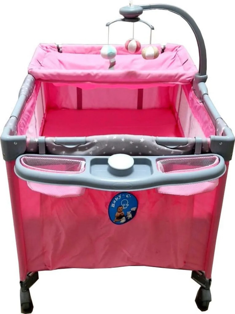 Patut Pliabil si Tarc copii Baby Care™ PRO FMAT, 2 Niveluri de inaltime, Cu melodii si Masa infasat, Carusel cu jucarii din plus, Plasa insecte, Roz