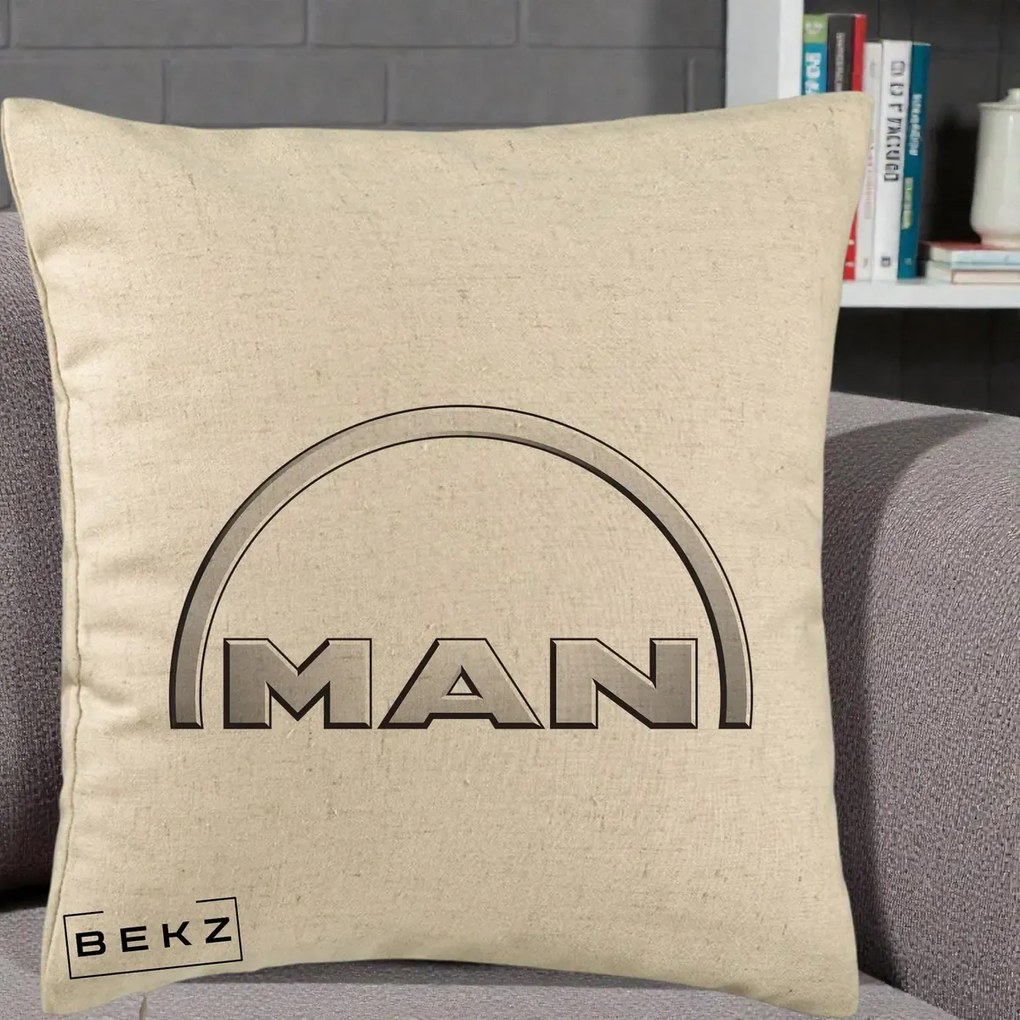 Perna Personalizata cu emblema MAN, 40x40 cm, Bej, Husa Detasabila, Perna Inclusa, BEKZ®