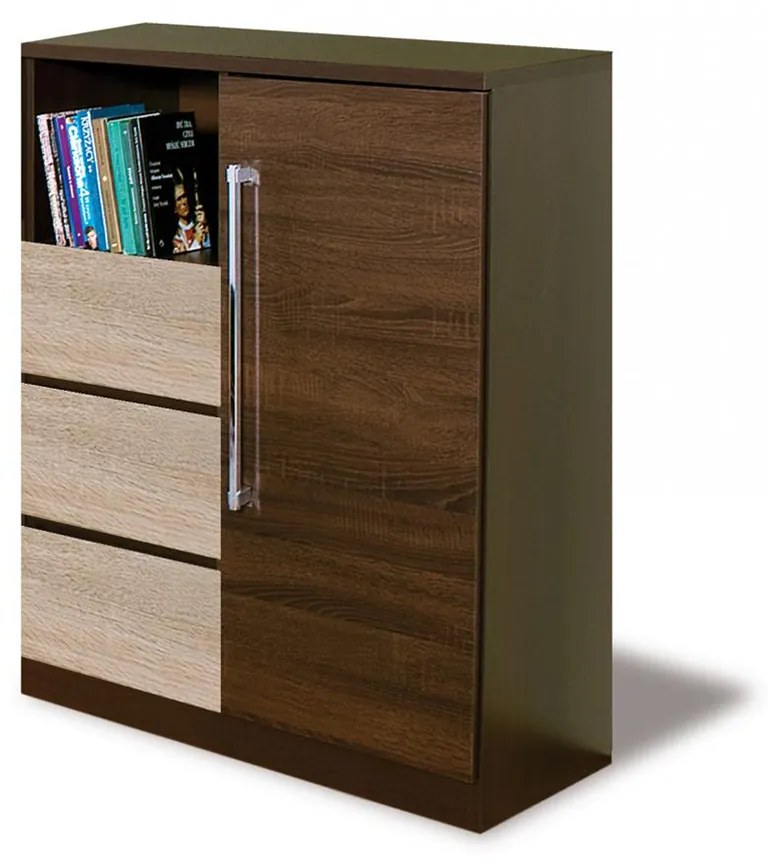 Comoda DY1, 1 usa si 3 sertare,  sonoma inchis + MDF sonoma deschis, 85x42x105 cm