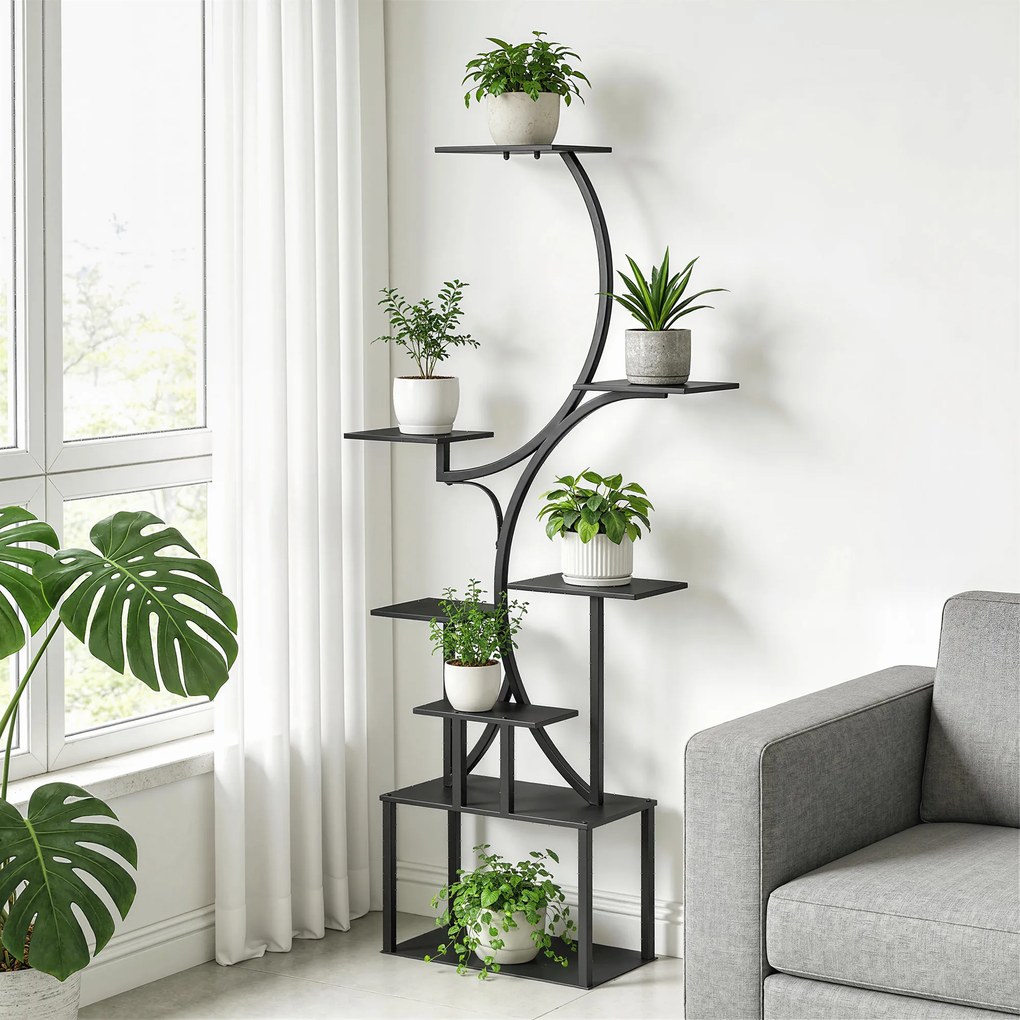 Outsunny Suport pentru Plante cu 8 Rafturi în Formă de S, Suport Ghivece Metalic pentru Interior și Exterior, pentru Grădină, Balcon, Terasă, Cameră de Zi, 74x26x158,5 cm, Negru | Aosom Romania
