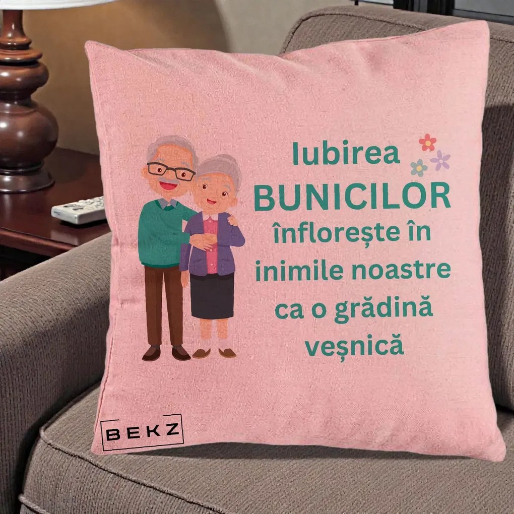 Cadou pentru Bunici - Perna Personalizata Bunicii Iubirea Infloreste Cuplu Senior Teal, 40x40 cm, Roz, Husa Detasabila, Perna Inclusa, BEKZ®