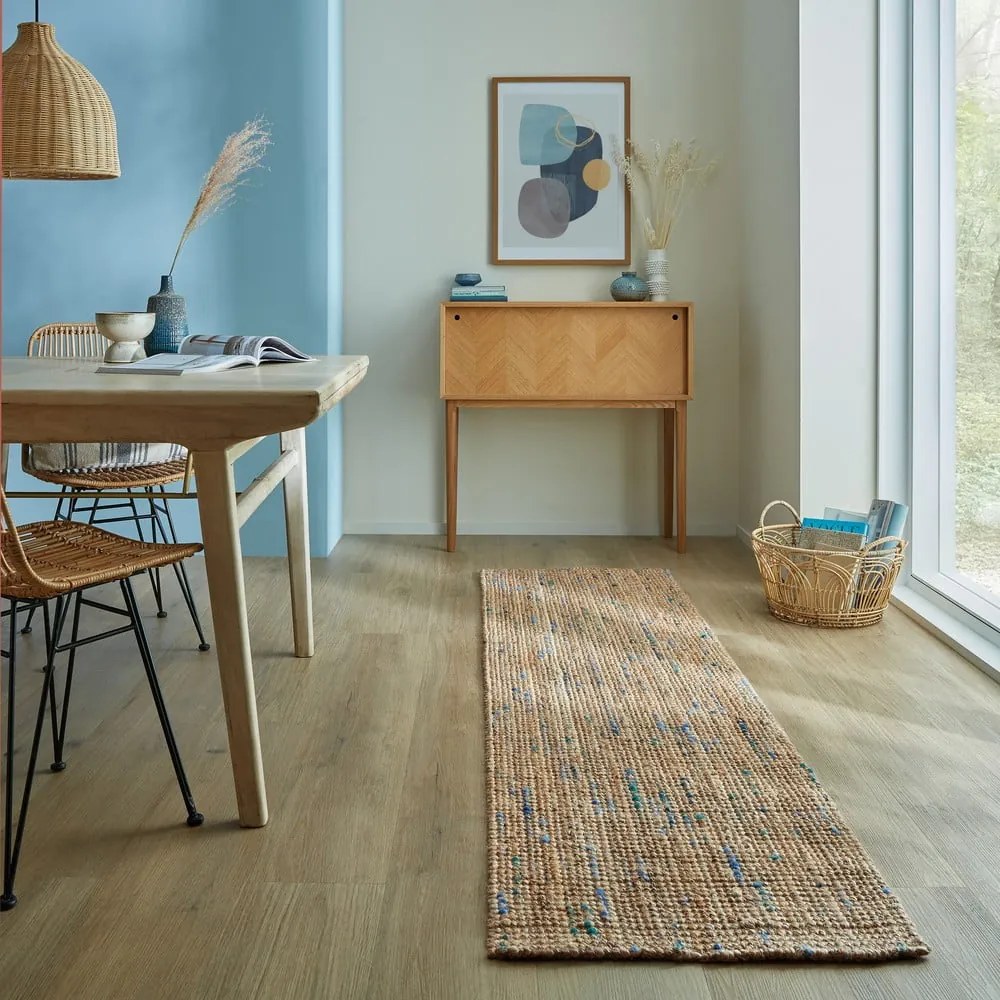 Covor tip traversă albastru/în culoare naturală țesut manual din iută 60x230 cm Jute Boucle Blue – Flair Rugs
