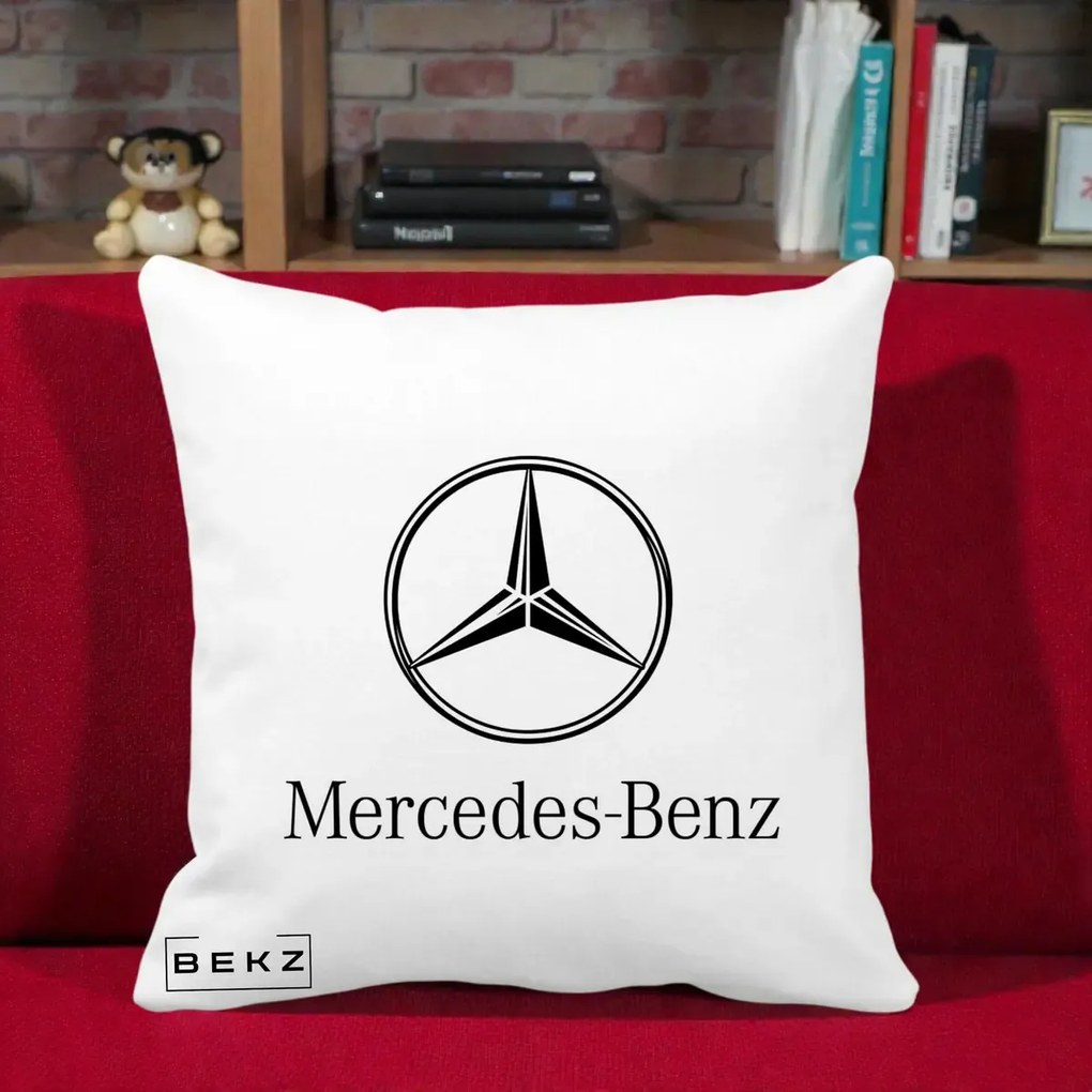 Perna Personalizata cu emblema Mercedes-Benz, 40x40 cm, Alba Mata, Husa Detasabila, Perna Inclusa, BEKZ®
