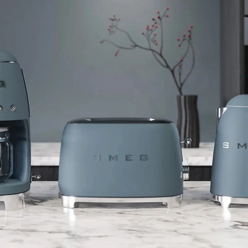 Prajitor de paine SMEG 50's Style TSF01SBMEU, 950 W, 2 felii, 6 trepte, Tava pentru firimituri, Cablu integrat, Otel inoxidabil, Albastru cenusiu