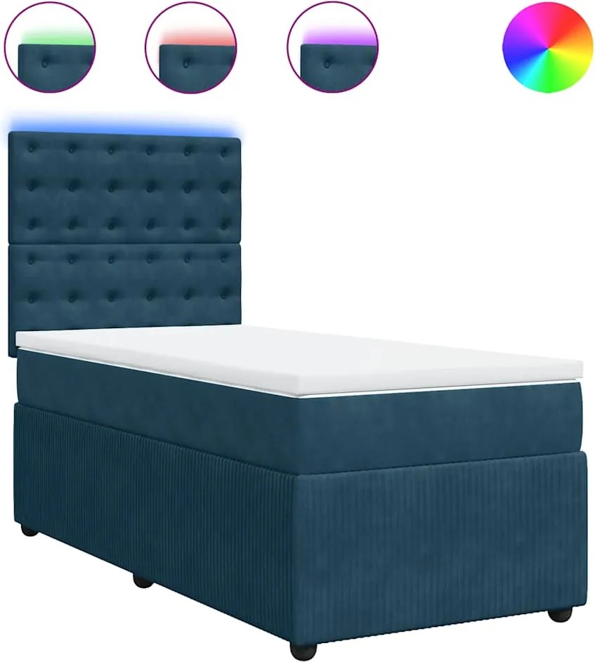 vidaXL Pat box spring cu saltea, albastru, 90x200 cm, catifea