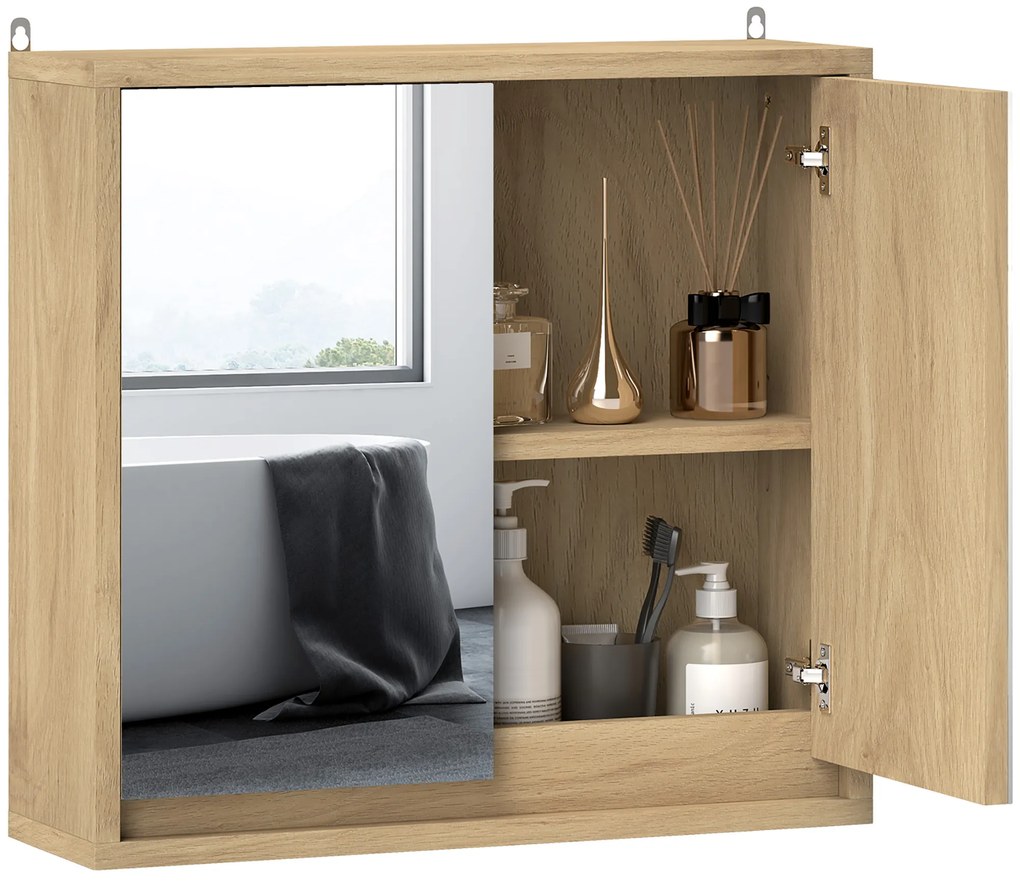 HOMCOM Dulap de baie cu oglindă, 2 uși și poliță ajustabilă, dulap suspendat în stil modern 48x14,5x45cm natural | Aosom Romania