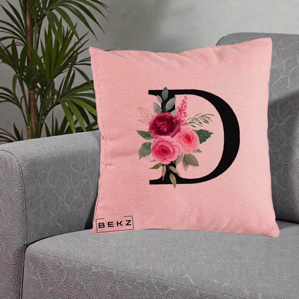 Cadou Personalizat - Perna Personalizata Monograma Florala Litera D, 40x40 cm, Roz, Husa Detasabila, Perna Inclusa, BEKZ®