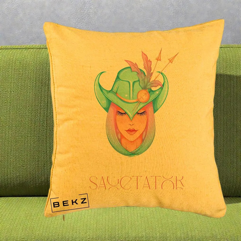 Perna Personalizata Zodiac Sagetator Cowgirl, 40x40 cm, Galben, Husa Detasabila, Perna Inclusa, BEKZ®
