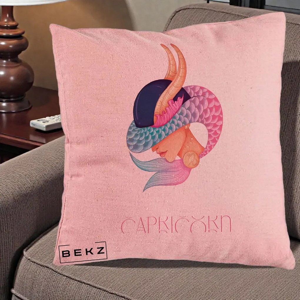 Perna Personalizata Zodiac Capricorn Cowgirl, 40x40 cm, Roz, Husa Detasabila, Perna Inclusa, BEKZ®