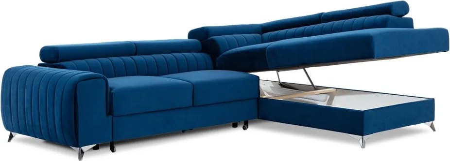 Colțar albastru extensibil/cu spațiu de depozitare cu tapițerie din catifea (cu colț pe partea dreaptă/în formă de ”L”) Laurence – ELTAP