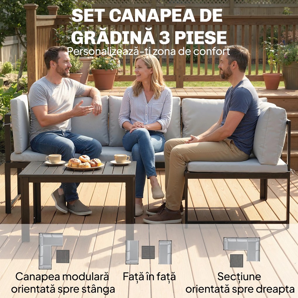 Outsunny Set de Grădină din Metal 3 Piese cu Măsuță cu Șipci și Perne | Aosom Romania