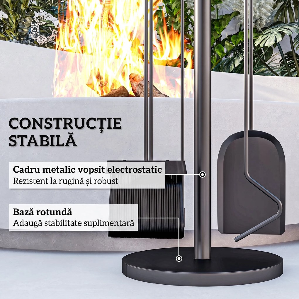 Outsunny Set Accesorii Camino 5 Piese cu Lopată Perie Clești Fier Împins Suport Economisire Spațiu Metal Negru | Aosom Romania