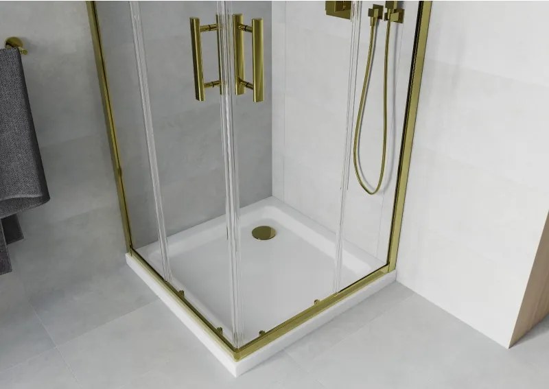 Mexen Rio cabina de duș pătrată 90 x 90 cm, transparentă, aurie + cadă Flat, albă - 860-090-090-50-00-4010G
