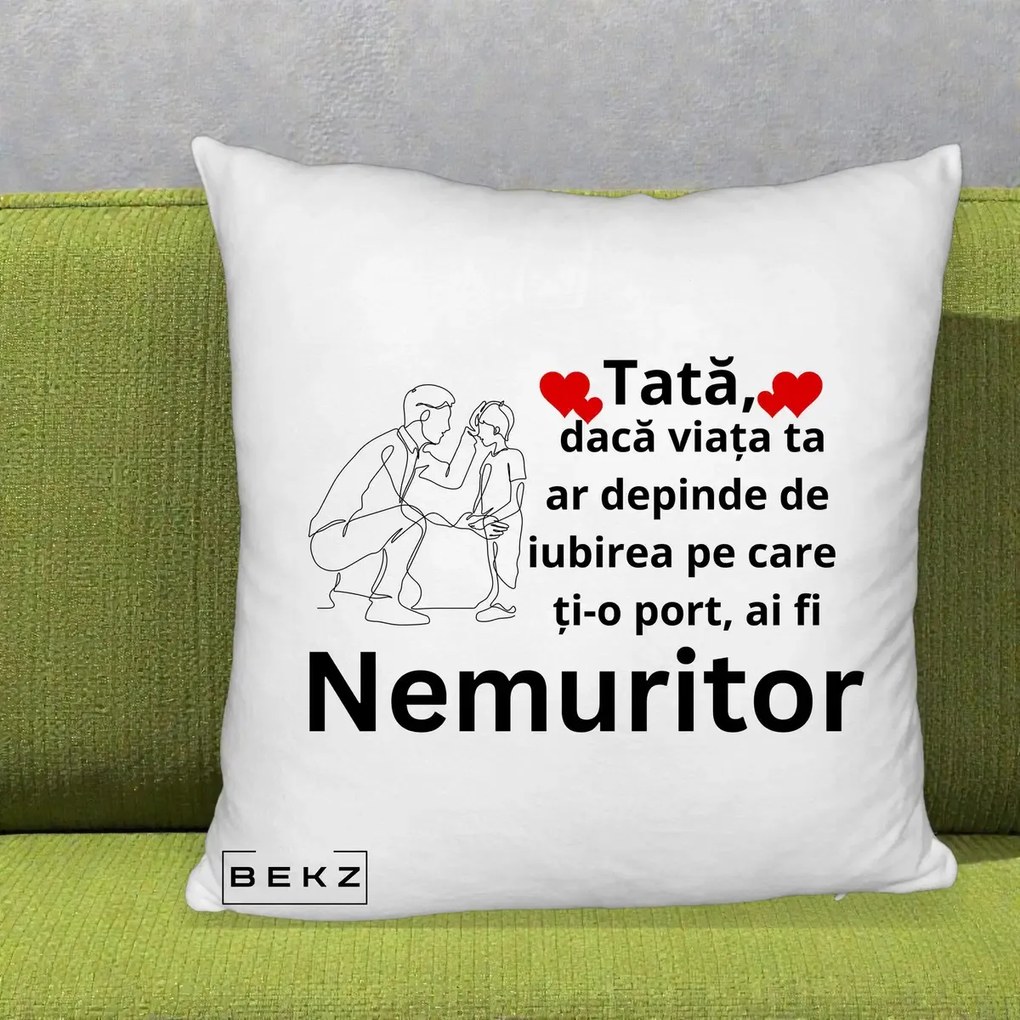 Cadou pentru Tata - Perna Personalizata Tata Nemuritor Baietel, 40x40 cm, Alb Pufos, Husa Detasabila, Perna Inclusa, BEKZ®