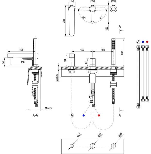 Baterie pentru cadă Ravak PURI X070186, cu 3 orificii, neagră