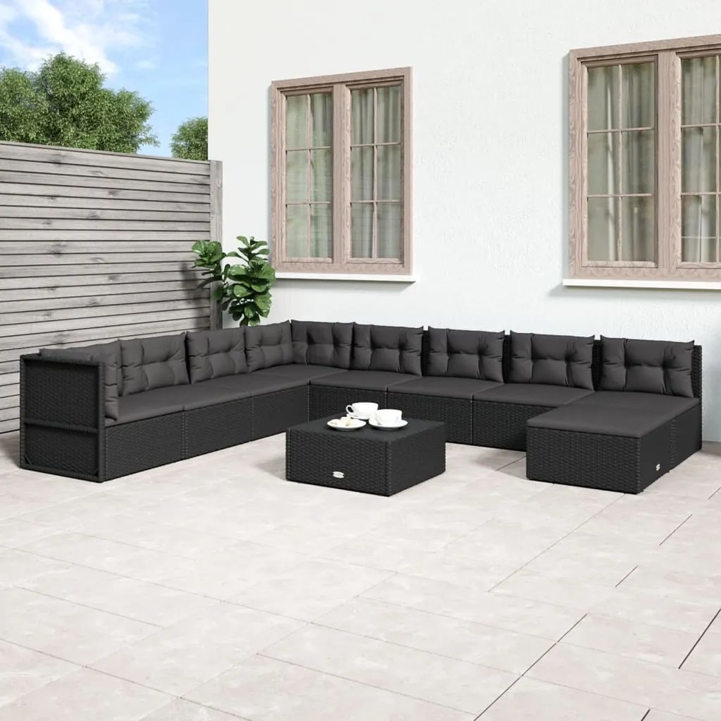 Set mobilier de gradina cu perne, 9 piese, negru, poliratan