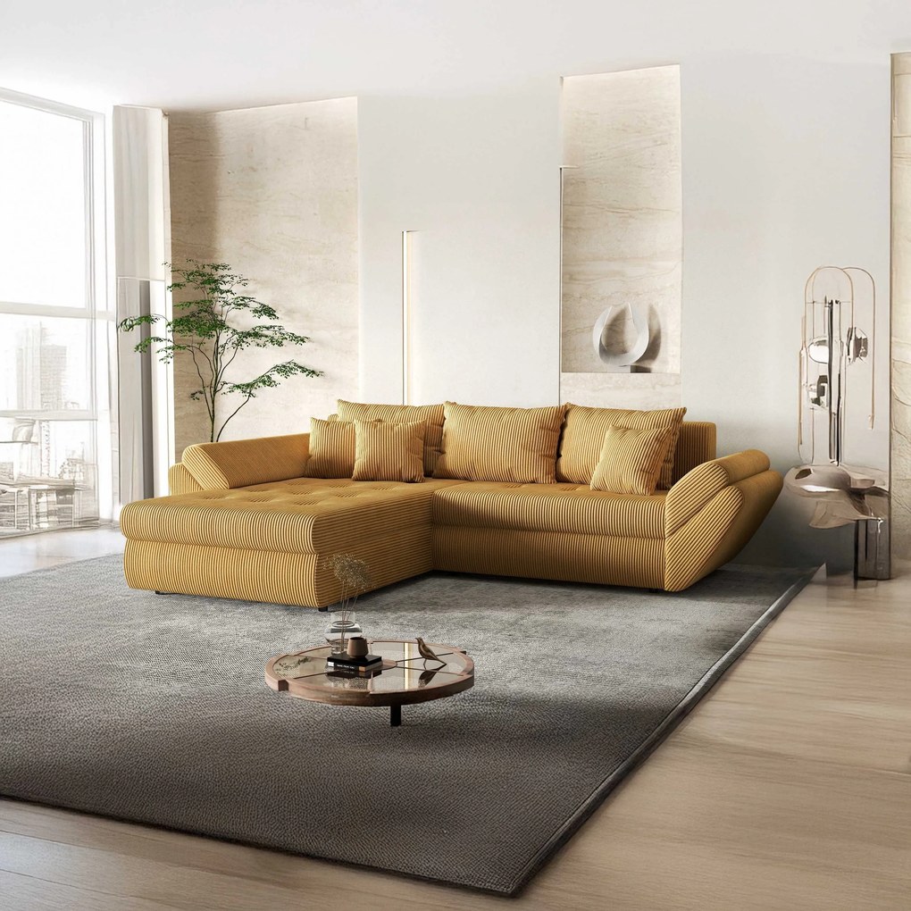 Colțar extensibil dumonde cu ladă de depozitare si sezut confortabil din spuma high-density, Loana Zoom Mustar 270x185 cm