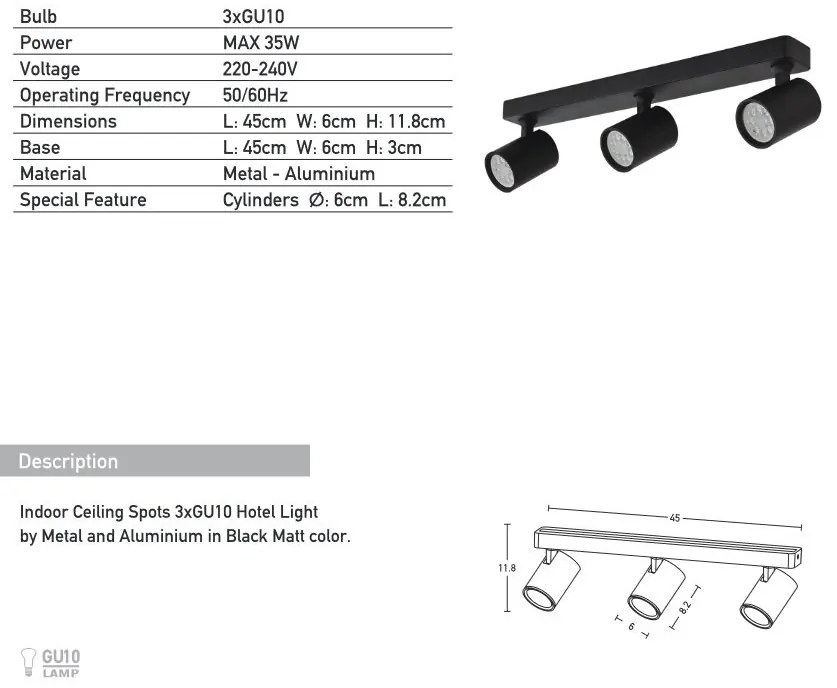 Plafoniera cu 3 spoturi GU10 LED Minimal negru