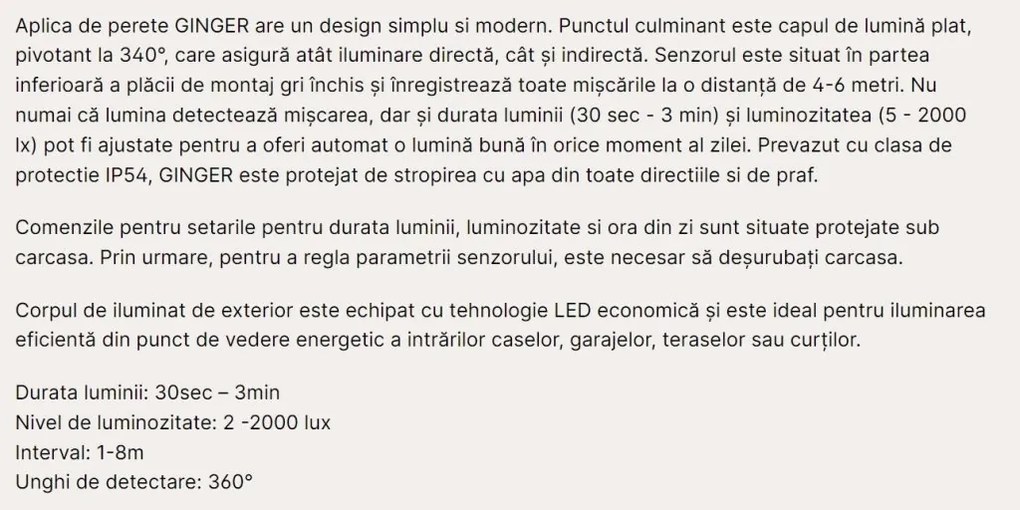 Aplica LED reglabila de exterior cu senzor de miscare IP54 GINGE alba
