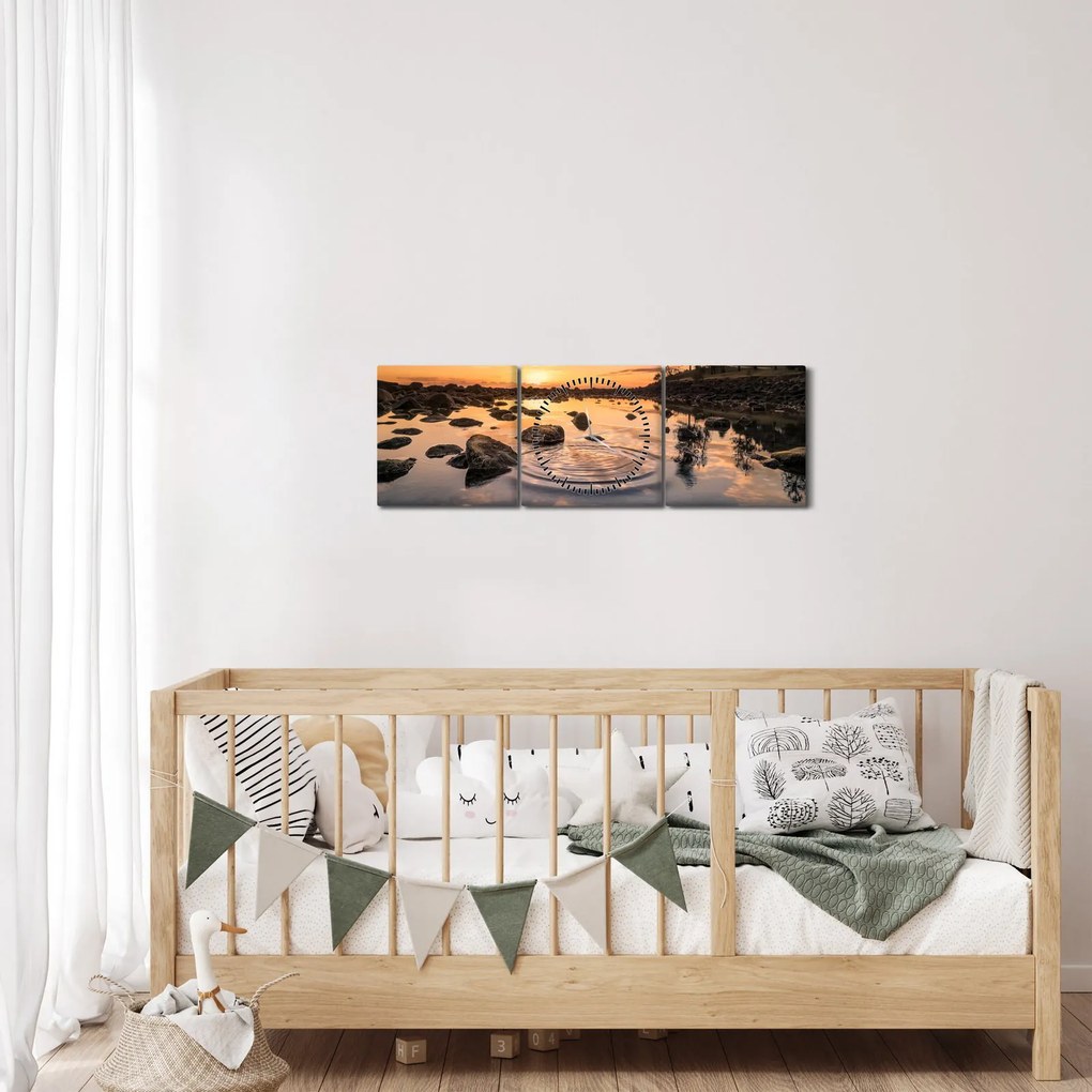 Tablou - Apus de soare la lac (cu ceas) (90x30 cm)