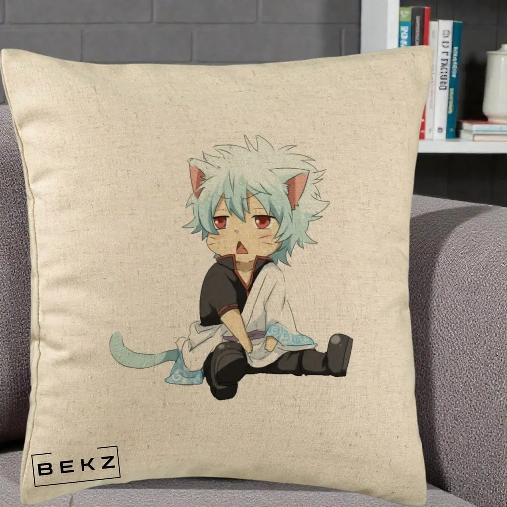 Perna Personalizata Gintama Gintoki Chibi Pisica, 40x40 cm, Bej, Husa Detasabila, Perna Inclusa, BEKZ®