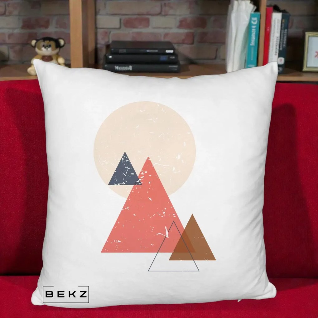 Perna Decorativa Geometric Munti si Soare, 40x40 cm, Alb Pufos, Husa Detasabila, Perna Inclusa, BEKZ®