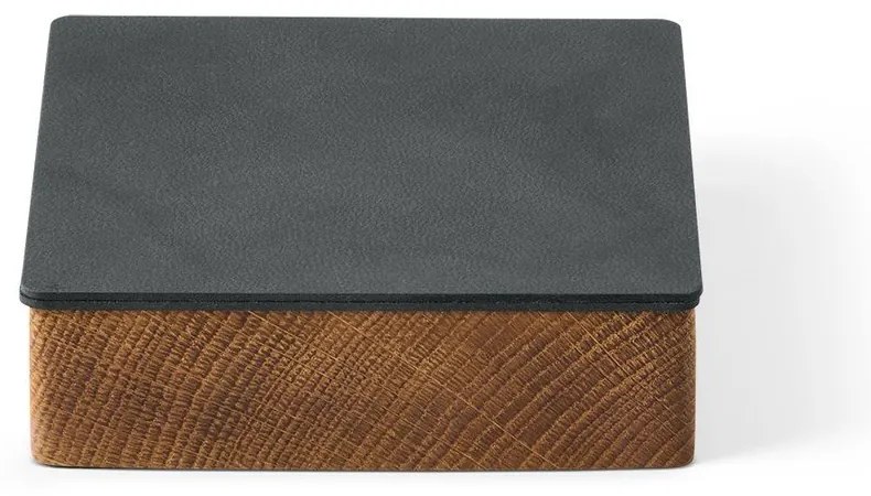 Cutie de depozitare gri antracit-în culoare naturală din lemn și din piele ecologică cu capac, decorativă 11x11x3,5 cm Square Nupo – LIND DNA
