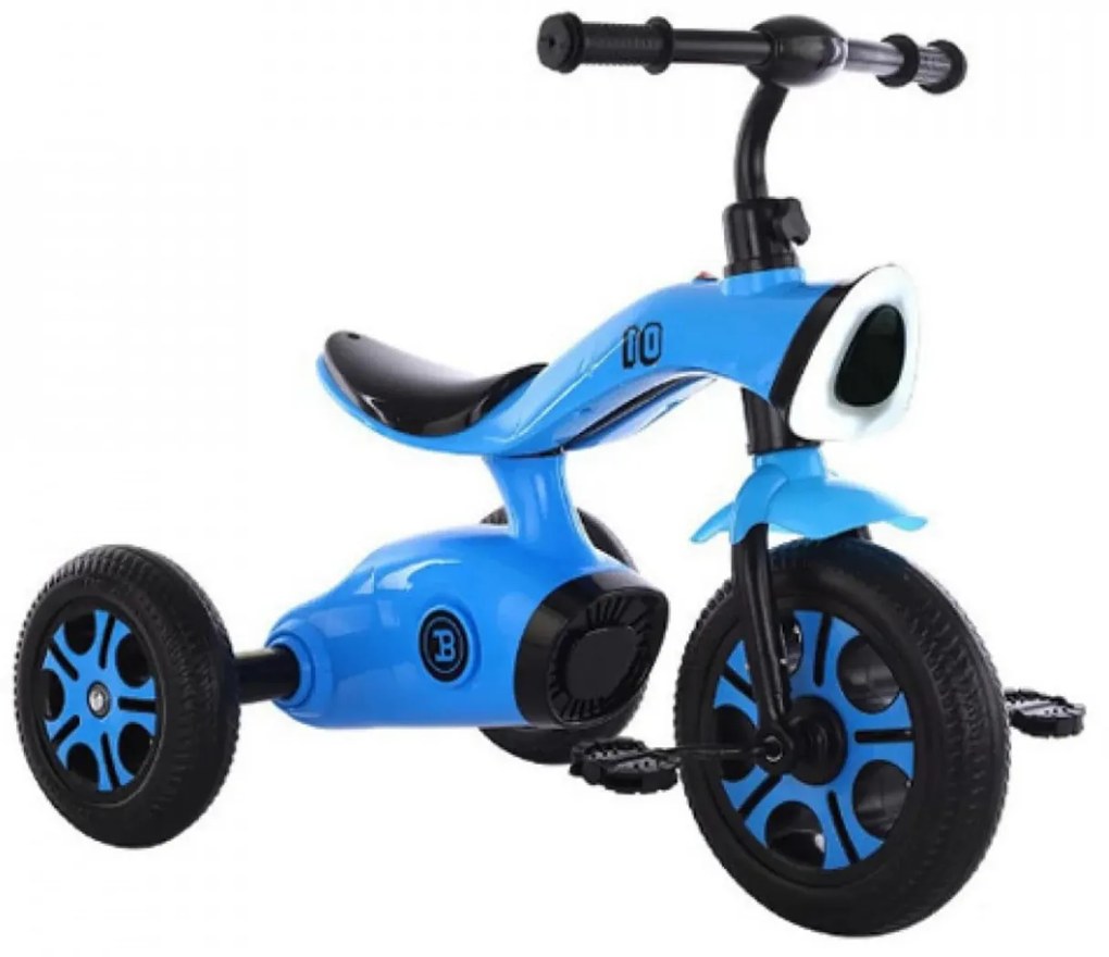 Tricicleta cu pedale NOVOKIDS™ Space Trike, Cu melodii si lumini, Max 30 kg, Roti din spuma cauciucata EVA, Cadru metalic, Model motocicleta, Albastru