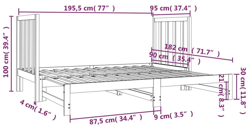 Pat de zi extensibil, negru, 2x(90x190) cm, lemn masiv de pin