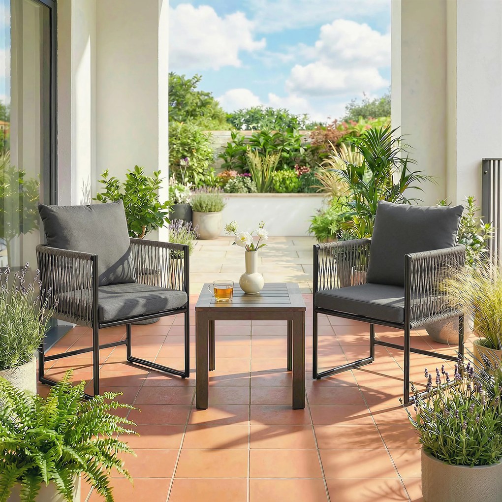 Outsunny Set 2 scaune de grădină rezistente la intemperii din oțel și PE-Rattan cu pernă cotieră spătar 52x52x66 cm Gri închis | Aosom Romania