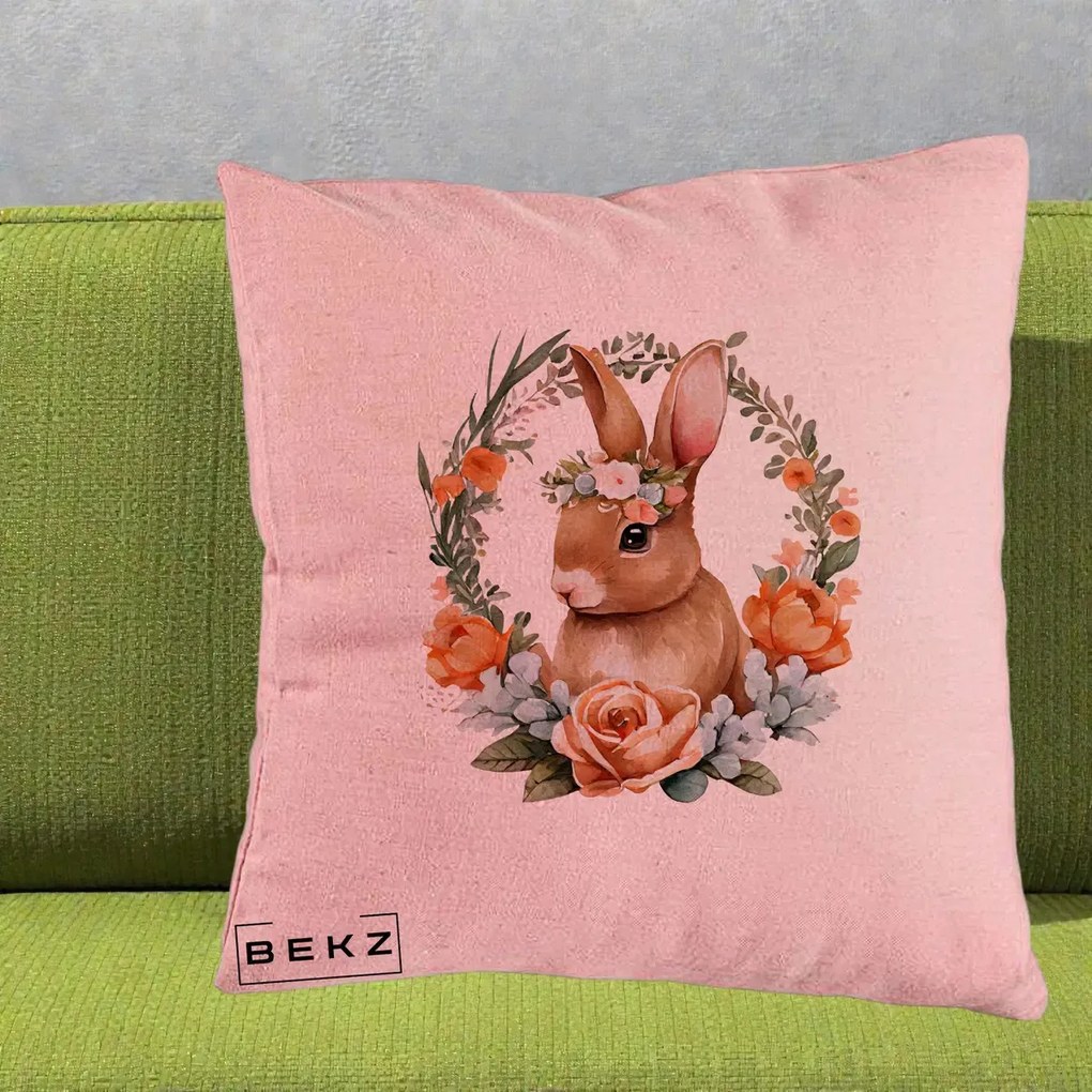 Perna Decorativa Iepuras Floral Coronita Acuarela, 40x40 cm, Roz, Husa Detasabila, Perna Inclusa, BEKZ®