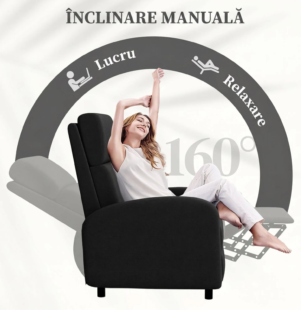 HOMCOM Fotoliu Relax Rabatabil Manual 160° cu Suport pentru Picioare, Fotoliu Ergonomic Tapițat cu Aspect de In pentru Dormitor, Birou, Living și Sufragerie, Negru | Aosom Romania
