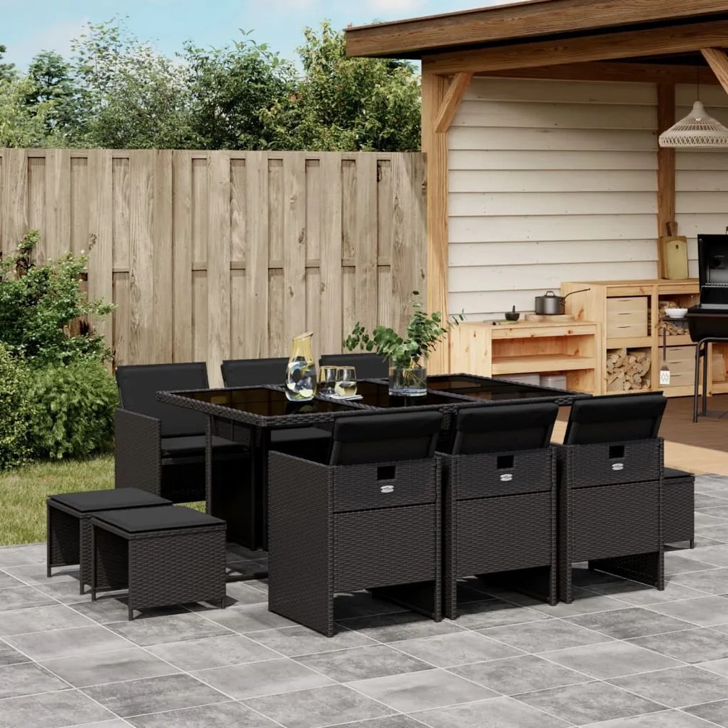 3210607 vidaXL Set mobilier de exterior cu perne, 11 piese, negru, poliratan