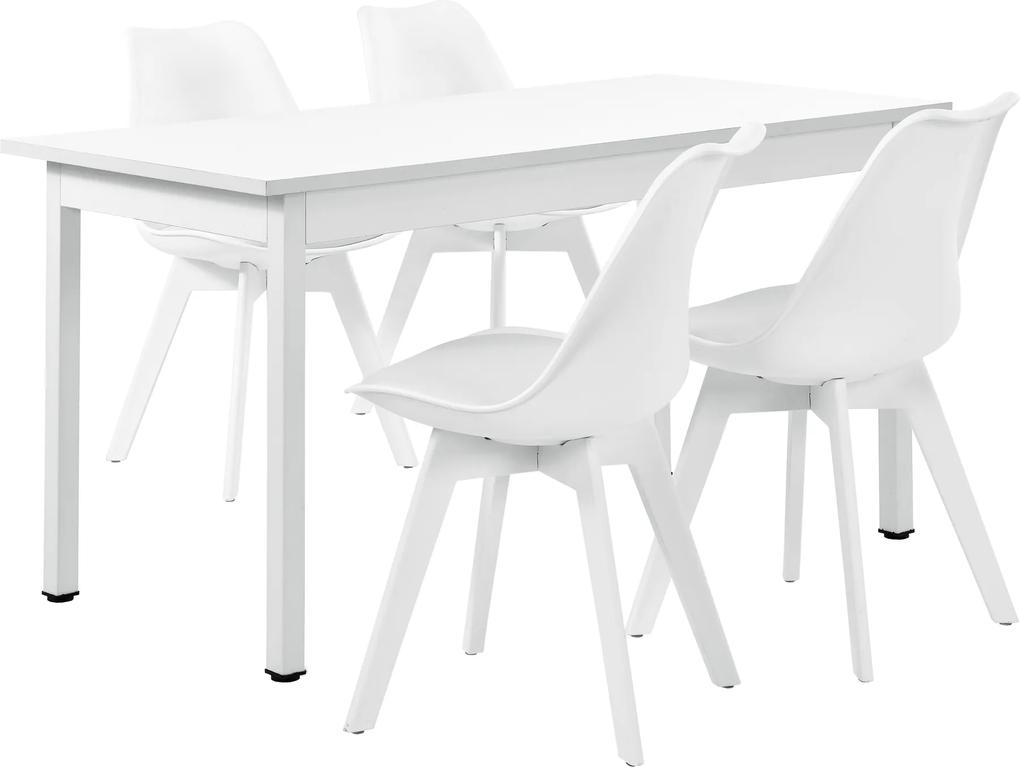 [en.casa]® Masa de bucatarie/salon alba, desin elegant (140 x 60cm) 4 scaune albe capitonate