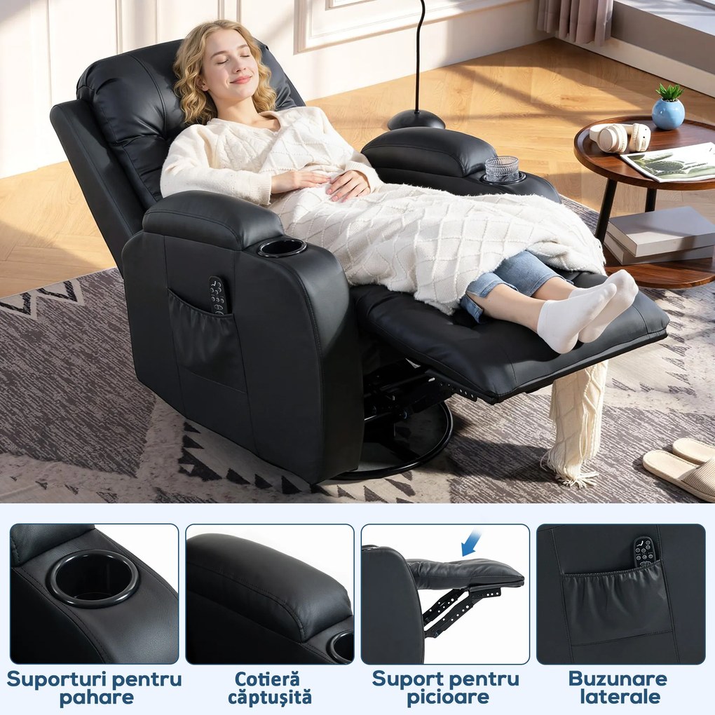 Homcom Fotoliu Masaj & incalzire – 8 Zone, Piele Eco, inclinabil 150° | Aosom Romania