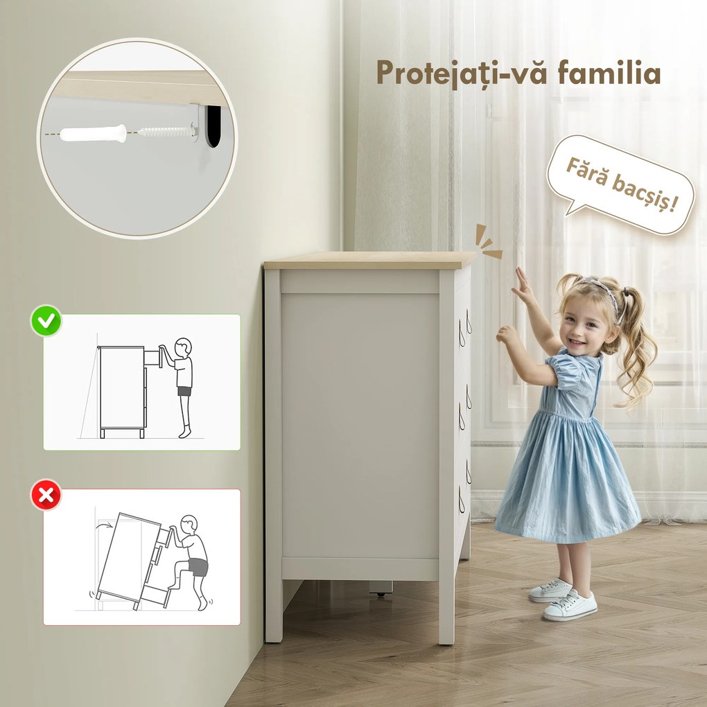 HOMCOM Comodă cu 6 Sertare și Mânere din Piele Ecologică Albă | Aosom Romania