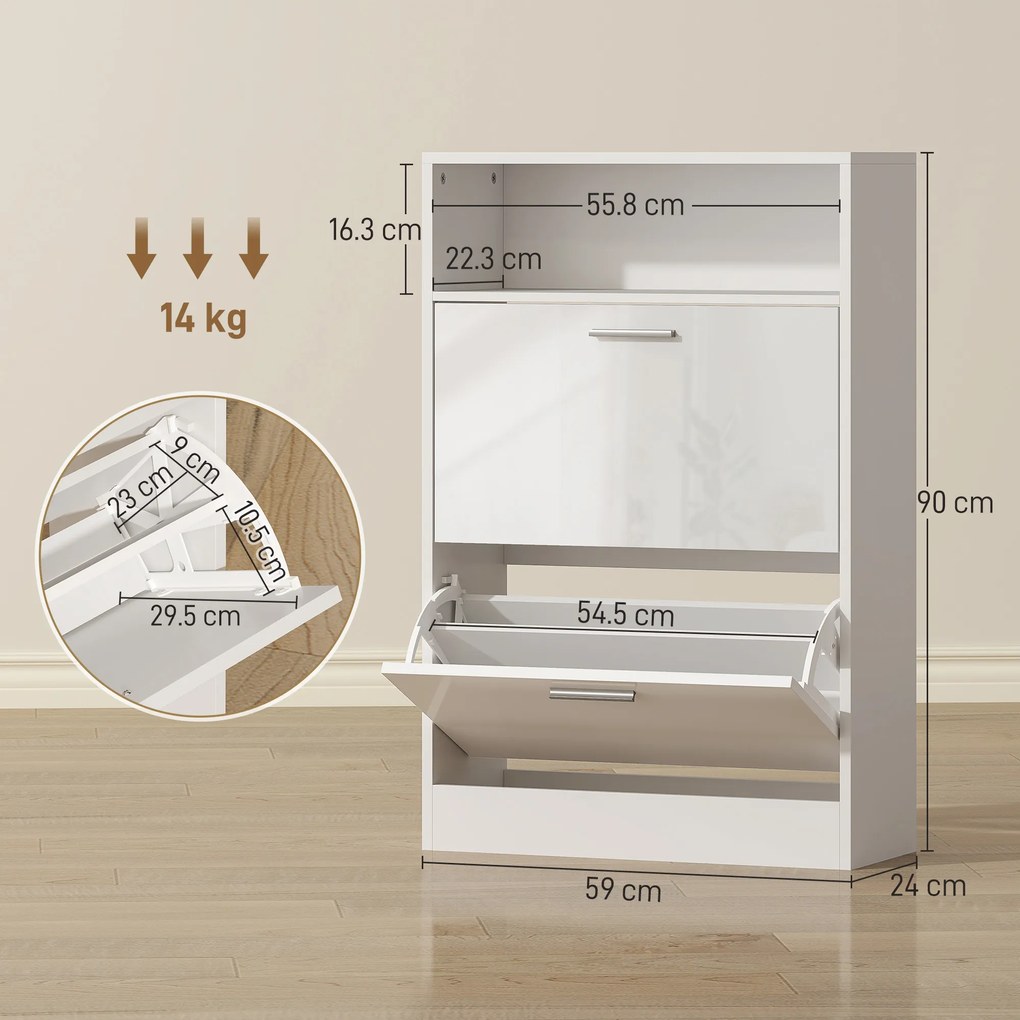 HOMCOM Dulap pentru încălțăminte 8 perechi, dulap, 2 sertare rabatabile, rafturi reglabile și compartiment, alb | Aosom Romania