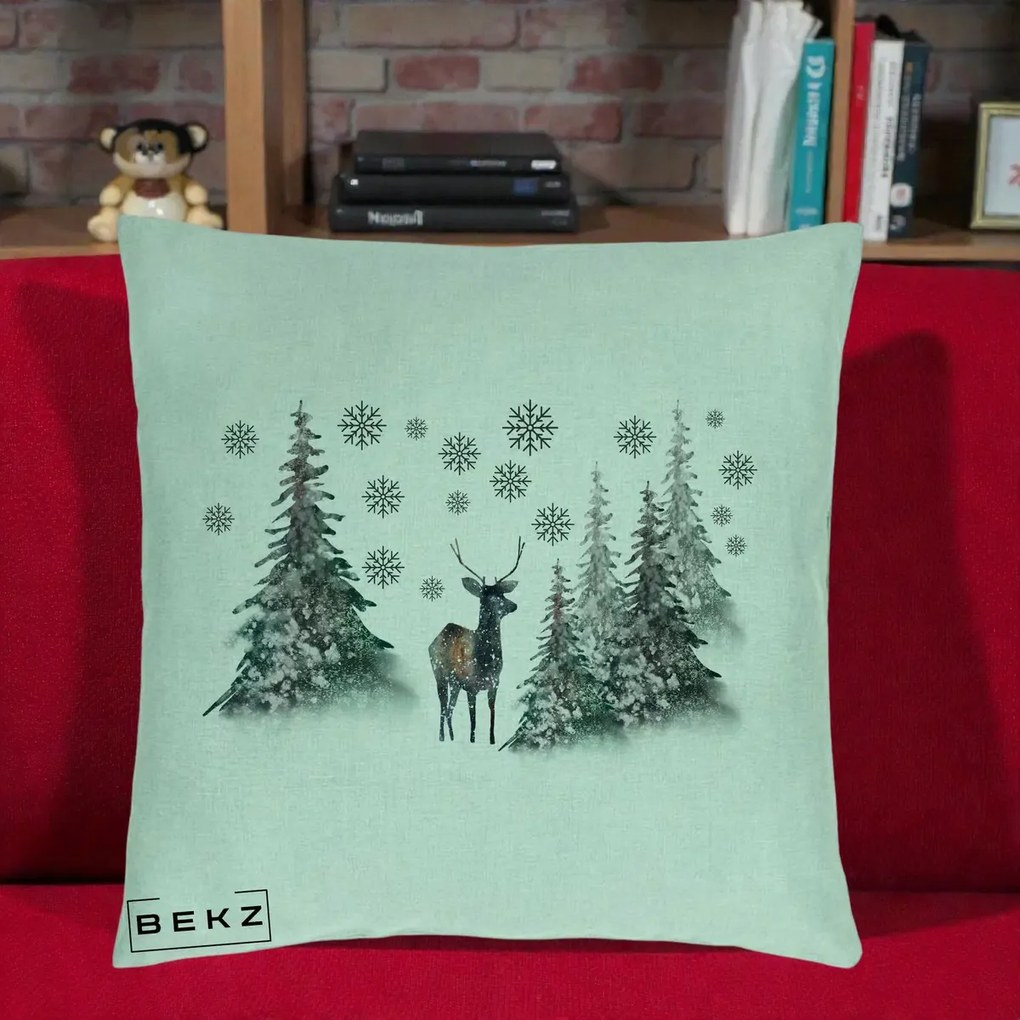 Perna Decorativa Ren in Padure Inzapezita, 40x40 cm, Verde Menta, Husa Detasabila, Perna Inclusa, BEKZ®