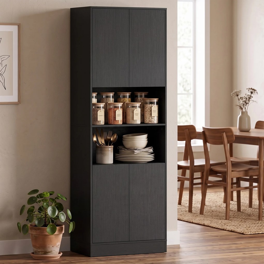 HOMCOM Cămară de bucătărie 170 cm, dulap cu raft reglabil, negru aspect lemn | Aosom Romania