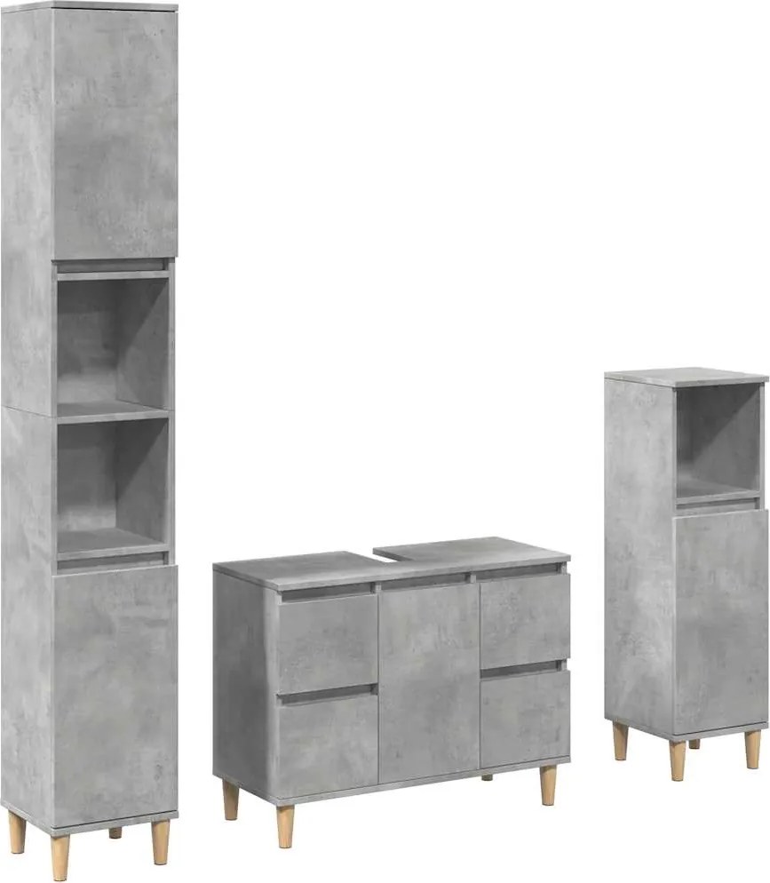 vidaXL Set mobilier de baie, 3 piese, gri beton, lemn compozit