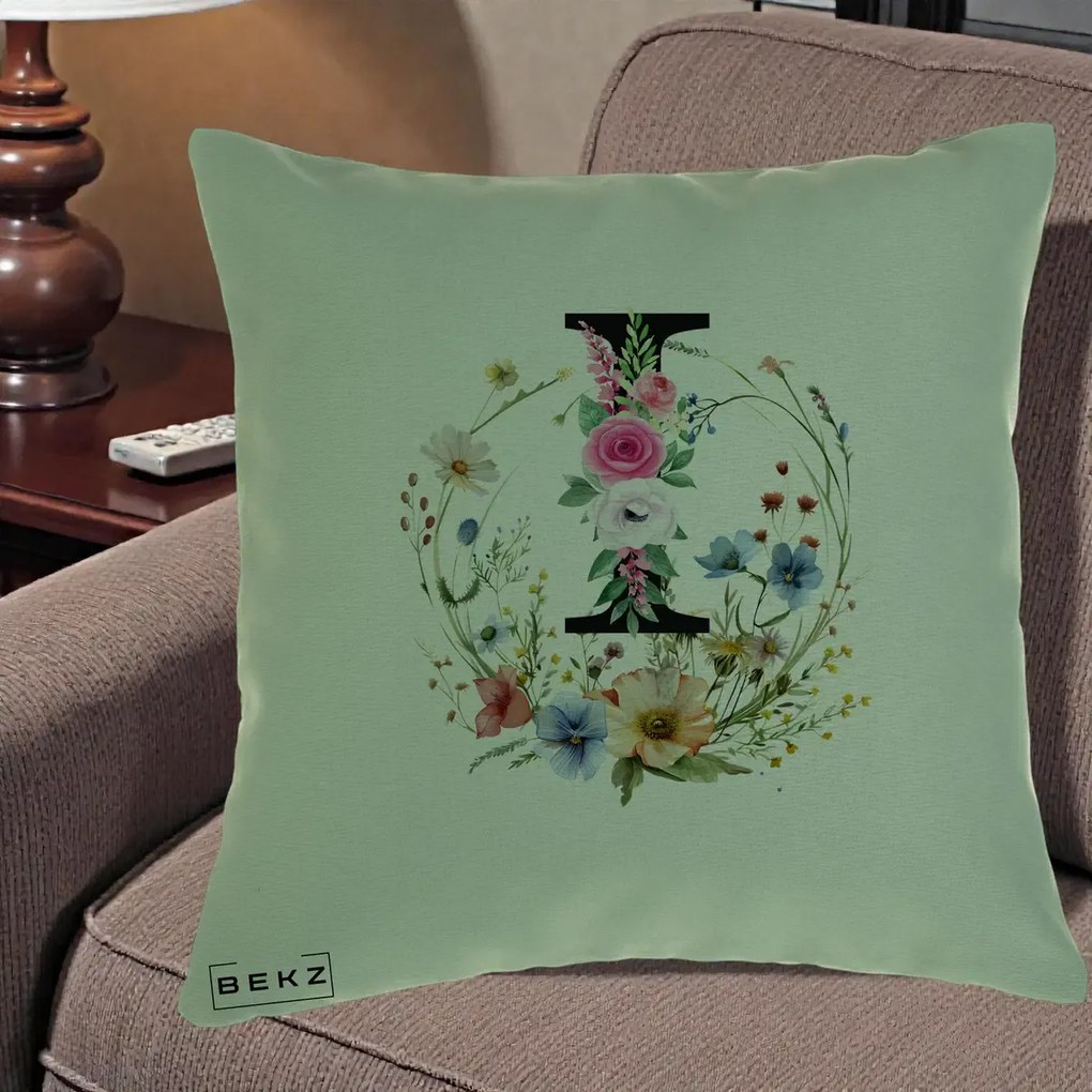 Cadou Personalizat - Perna Personalizata Monogram Litera I cu Flori Acuarela, 40x40 cm, Verde, Husa Detasabila, Perna Inclusa, BEKZ®