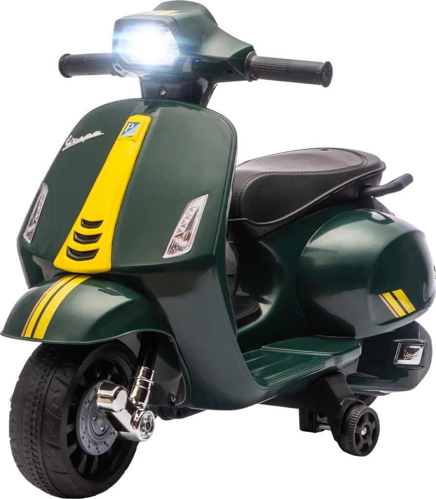 AIYAPLAY Motocicletă Electrică pentru Copii cu Licență Vespa, Baterie Reîncărcabilă 6V, Roți Laterale și Lumini, Vârsta 2-6 Ani, Verde Închis | Aosom Romania