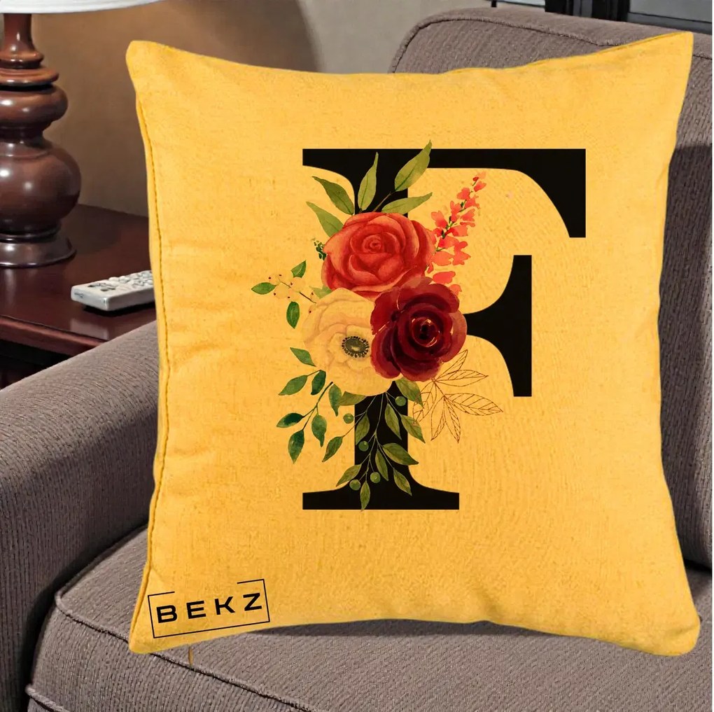 Cadou Personalizat - Perna Personalizata Monograma Florala Litera F, 40x40 cm, Galben, Husa Detasabila, Perna Inclusa, BEKZ®